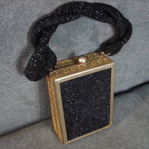 Vintage Purse 1940s Tyrolean Bag Mini Streamer Black Sequin and gold filigree - Picture 5 of 11